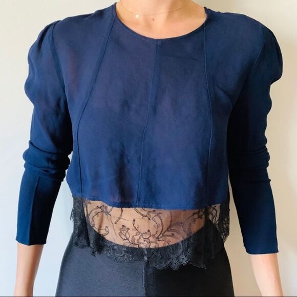 Reformation dark blue long sleeved blouse, wide black lace hem, very delicate,S - Picture 1 of 8